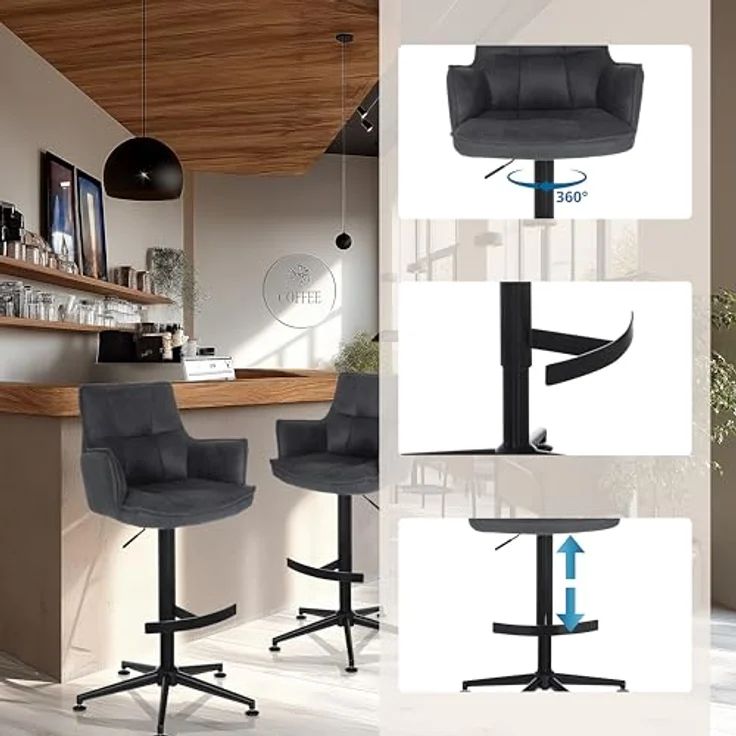 hjh LIVING Barhocker höhenverstellbar, Hocker mit Lehne SOLAO Life HIGH Stoff, drehbarer Tresenhocker mit Fußstütze und Armlehnen, Anthrazit – Bild 5