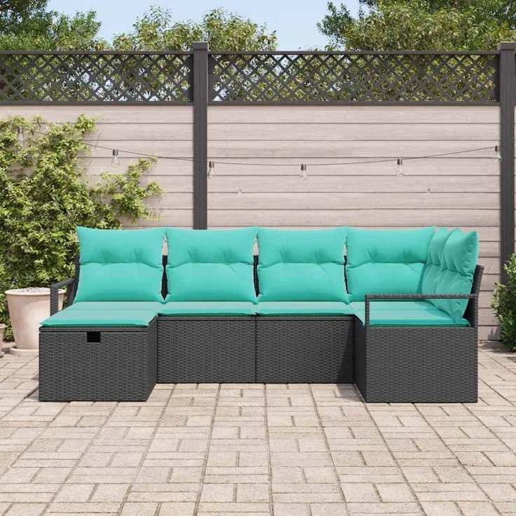 vidaXL Sofa Set 6 stk. 6-Sitzer Schwarz und Türkis Poly-Rattan 3359185 – Bild 3