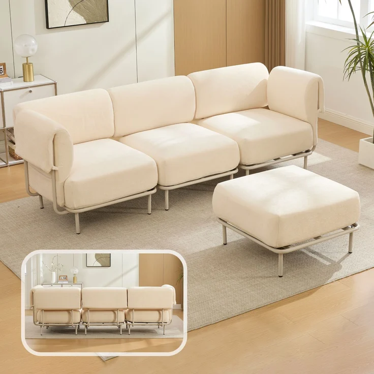 Modulares 3-Sitzer-Sofa mit Hocker, B 251 x T 155 x H 78 cm, beiger Chenille, flexibel kombinierbar – Bild 3