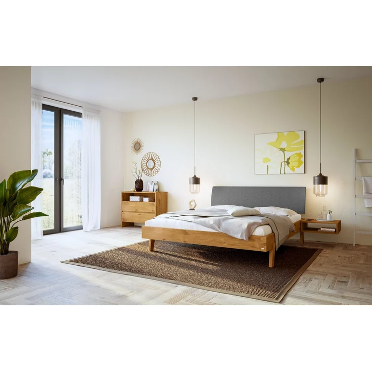 Hasena Massivholzbett Lorenzo Wildeiche mit Polsterkopfteil, Bezug Pace Grey 120x210 cm, Fußhöhe 20 cm – Trento – Bild 2