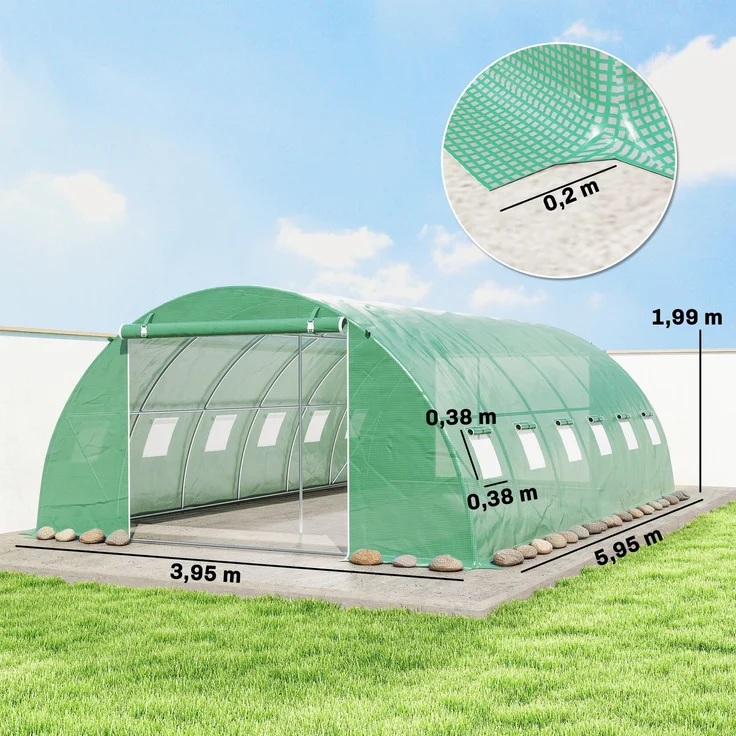Wohnora-Gewächshaustunnel für den Gartenbau, verzinkter Stahl Ø25 mm, verstärkte Konstruktion, 395 x 595 x 199 cm, Grün,H 1990cm x T 1135cm x B 3950cm – Bild 4