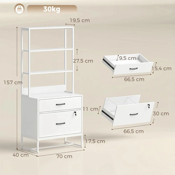 MELAYR, Aktenschrank mit Regal, 2 Schubladen, Arbeitsplatte für Drucker, 70 x 40 x 157 cm, Weiß – Bild 5