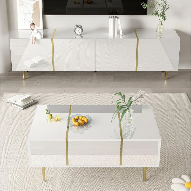 DESVIAE TV-Schrank und Couchtisch im Set, MDF, Weiß Hochglanz, 170x46x35 cm / 100x41,5x60 cm, mit Stauraum – Bild 2