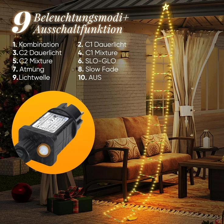 Salcar LED-Lichterkette LED Weihnachts Leiter 3M Weihnachtslichterkette Warmeweiß, Timer, Memory, 9 Modi(Stufenlos Warmweiß/Vierfarben/Macaron-Farben) – Bild 3