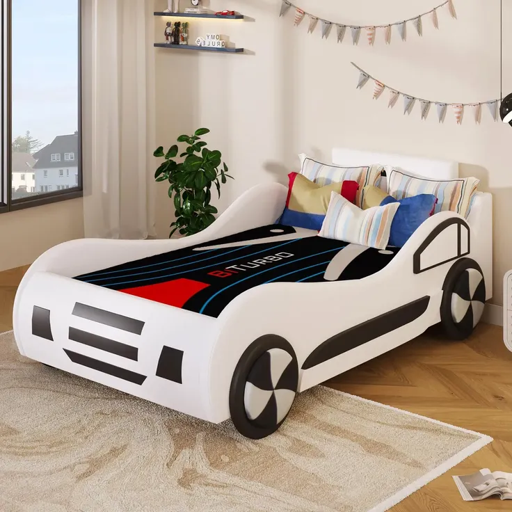 Autobett mit Lattenrost und Bettkasten, 90x200 cm, Kinderbett, Rausfallschutz, Kunstleder – Bild 2