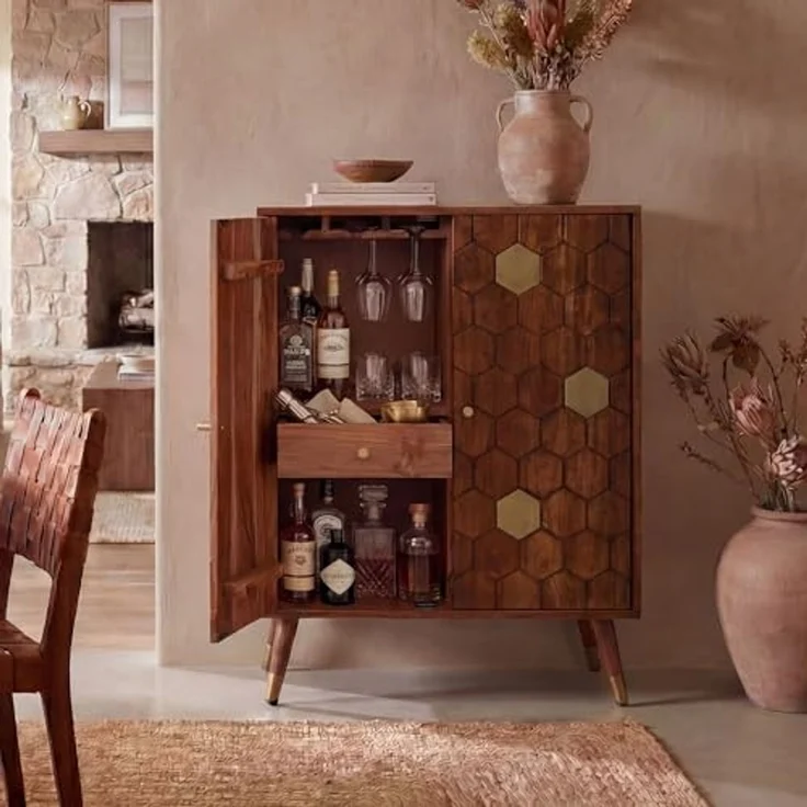 Barschrank Akazie Massivholz 75x96 cm Bar Möbel mit Waben Muster - Design Hausbar mit Türen - Weinschrank mit Glashalter - Getränkeschrank - Holz Bar Wohnzimmer Handmade – Bild 2