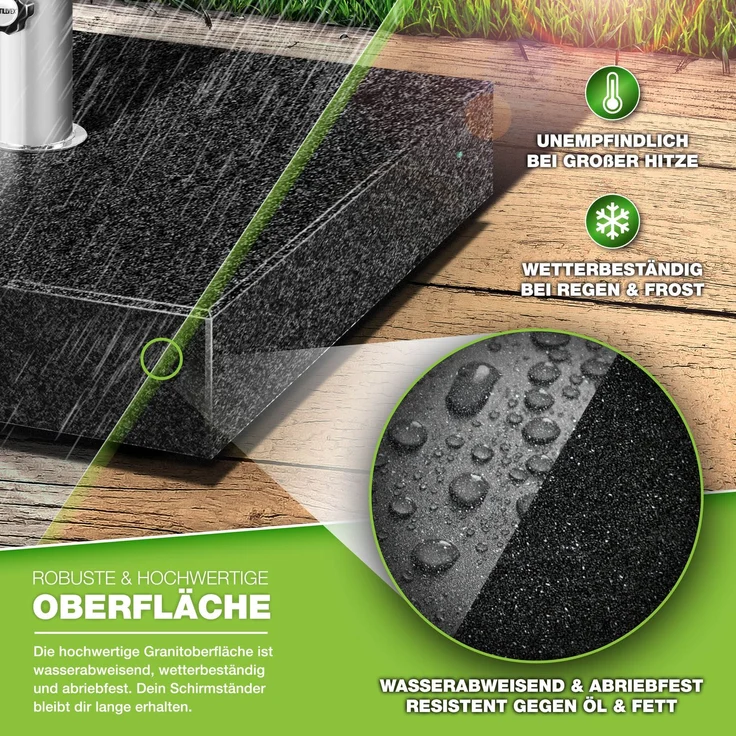 tillvex® Granit Sonnenschirmständer mit Rollen & Transportgriff Anthrazit - 27 kg Eckig | Schirmständer Sonnenschirm mit Edelstahlrohr | Balkonschirmständer für Schirmstöcke 16-48 mm & 300 cm Schirmdurchmesser – Bild 3