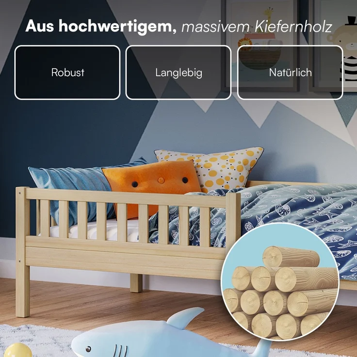 Bellabino 'Vils' Kinderbett 90x200 cm, natur, Kiefer Massivholz, Montessori Bett mit Lattenrost und mit abnehmbarem Rausfallschutz – Bild 6