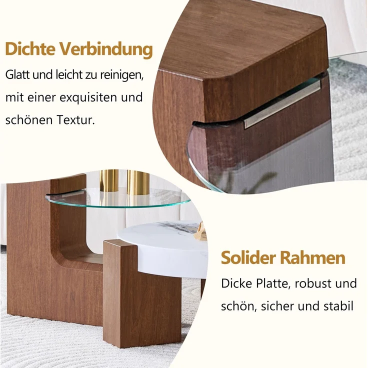 DESVIAE Couchtisch-Set 2-tlg. mit Sicherheitsglas Ø 61 cm, H 30 cm MDF in Nussbaum- und weißer Marmoroptik, 61 x 61 x 30 cm – Bild 4