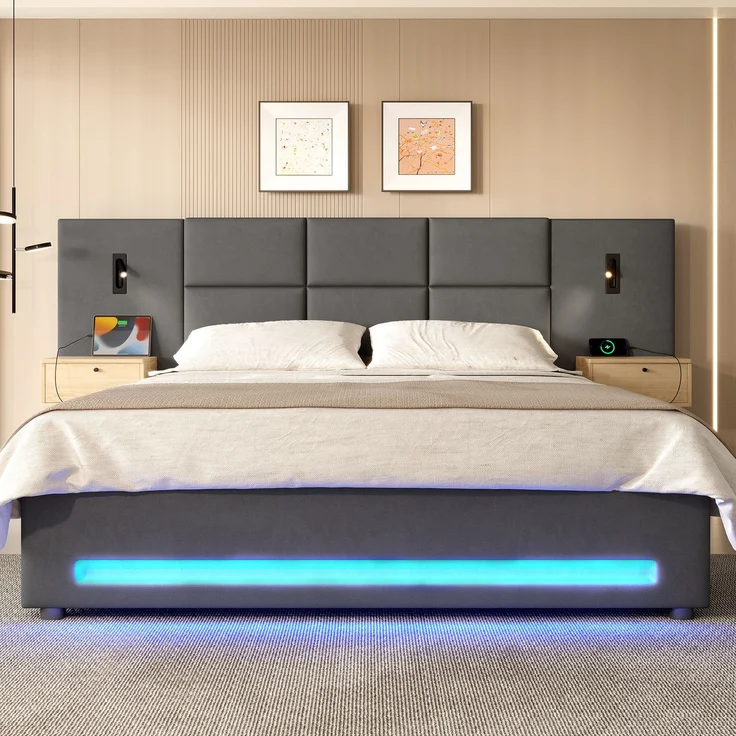 TavilaEcon Boxspringbett mit Samtkopfteil, praktischen Stauschubladen und LED-Nachtlicht grau Liegefläche 180 × 200 cm – Bild 3