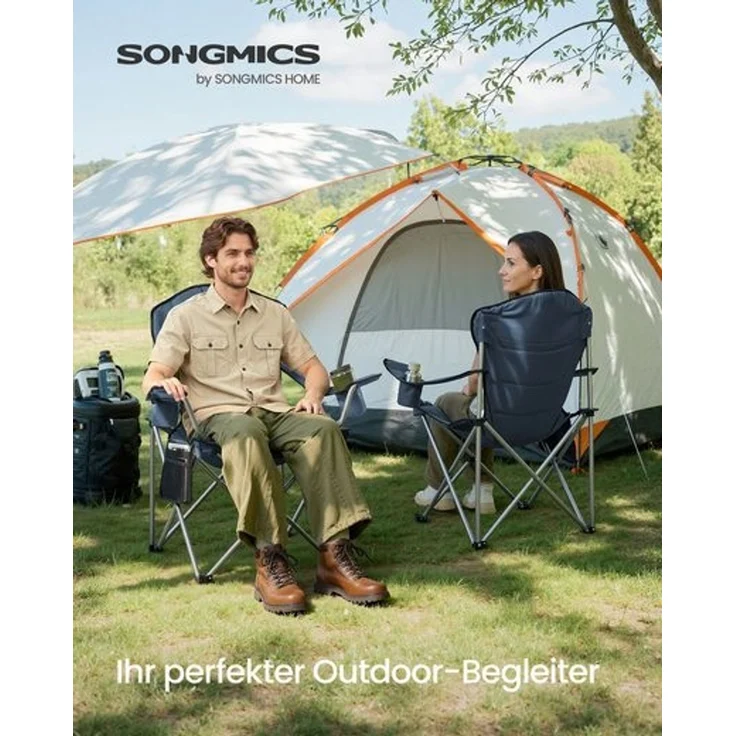 SONGMICS Campingstuhl 2er Set, klappbar, Klappstuhl, breiter Sitz, hohe Rückenlehne, Outdoor-Stuhl, tragbar, Outdoor-Stuhl, Getränkehalter, Handyhalter, Stoff-Organizer, blau-grau – Bild 2