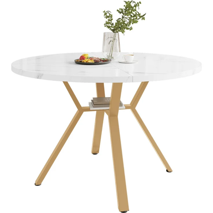 Moderner und schlichter runder Marmor-Esstisch (Durchmesser 1 m), goldener X-förmiger Couchtisch mit Metallhalterung, stabil und langlebig, ein Muss für modische Häuser – Bild 2