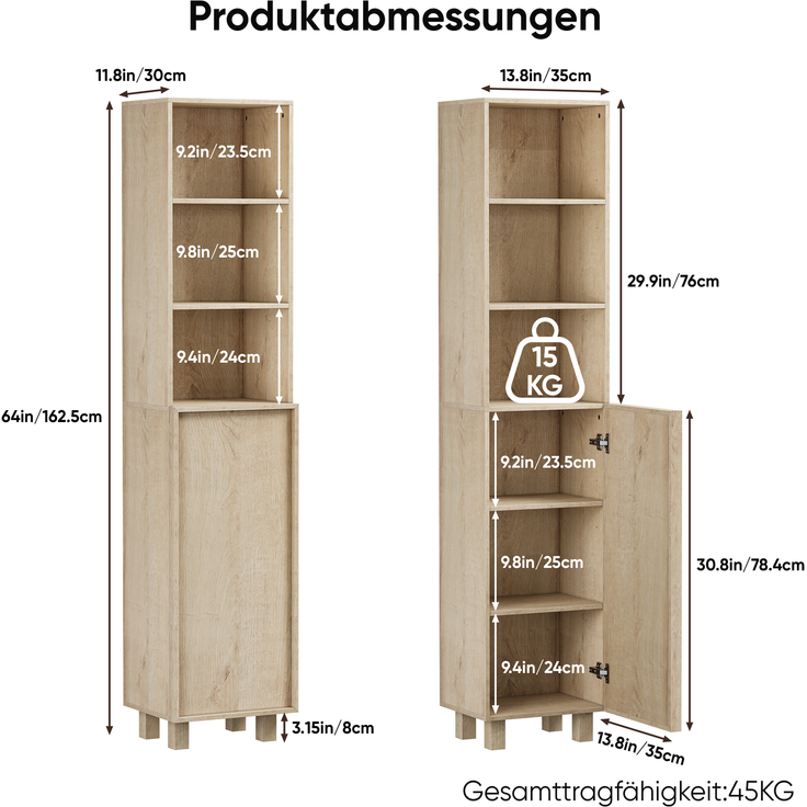162,5 cm hoher Badezimmerschrank in Eichenoptik ,Waschmaschinenschrank,mit Türen und offenen Regalfächern; schmaler Holzschrank, geeignet für Waschküche, Balkon, Badezimmer oder Küche--Eiche--35x30x162.5cm--YOUDENOVA – Bild 2