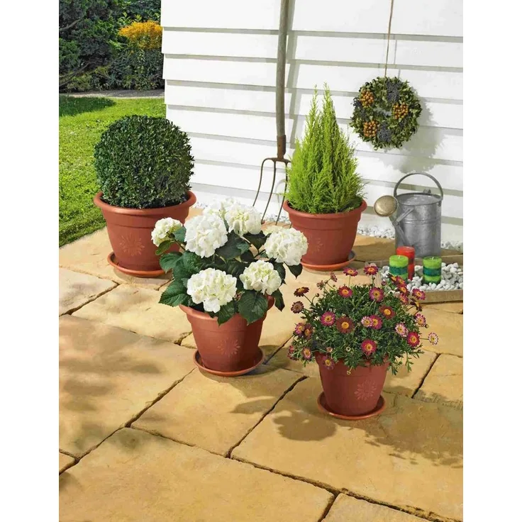 ALPFA Blumentopf Set Sydney terracotta inkl. Untersetzer Blumenkübel Blumentöpfe (Spar-Set, 4er-Set), aus witterungs- und UV-beständigem Kunststoff