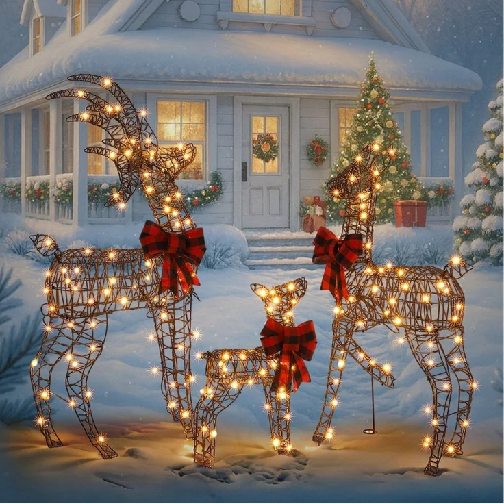 LALAHO Weihnachtsfigur 3-teiliges LED Rentier Familie Weihnachtsbeleuchtung, mit 210 LEDs, Rentier Weihnachten Deko für Außen und Innen – Bild 2