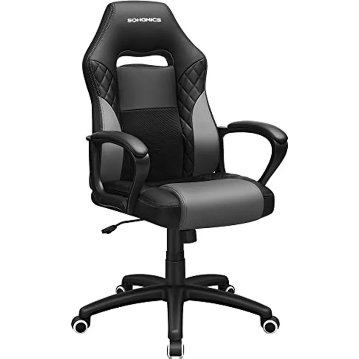 Gamingstuhl, Bürostuhl mit Wippfunktion, Racing Chair, ergonomisch, S-förmige Rückenlehne, gut für die Lendenwirbelsäule, bis 150 kg belastbar, Kunstleder, Schwarz-grau