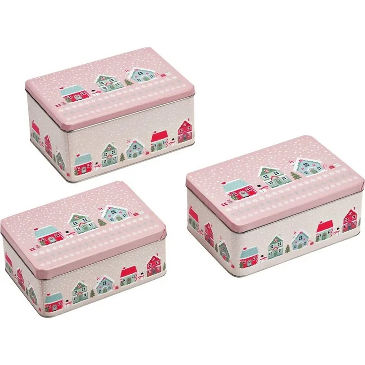 matches21 HOME & HOBBY Vorratsdose Große Metall Plätzchendosen Weihnachtsdorf 3er Set Rosa Bunt, Metall, (3-tlg), Eckige Weihnachten Blech Vorratsdosen als Keks-Dosen in 21, 19, 17 cm