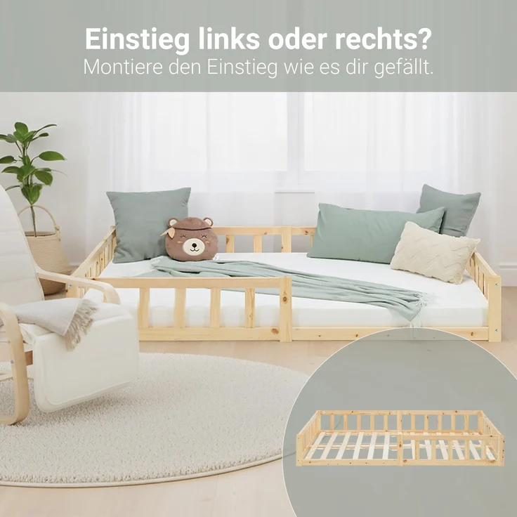 Kinderbett 120x200 mit Matratze Bodenbett mit Rausfallschutz Montessori Bett Kleinkindbett Holz Kiefer Natur Massiv Einzelbett Lattenrost – Bild 8