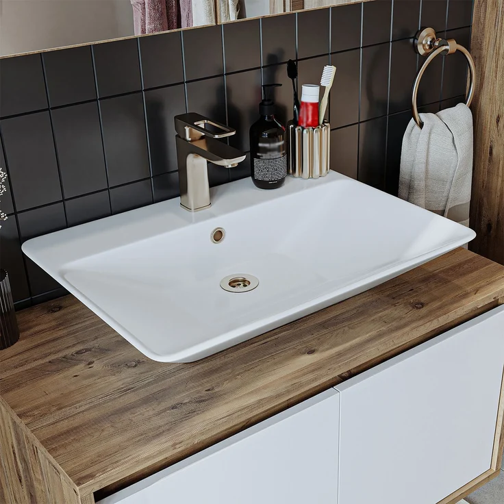 Roomart ATLANTIC-85 Badmöbel Set– 2-teiliges Badezimmermöbel Set - Waschbecken mit Unterschrank - H 45 x B 45 x T 85 cm • Weiß-Eiche – Bild 5