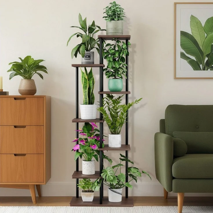 Simloveve Blumenständer pflanzenständer 7 Etagen blumenständer wohnzimmer (7 Etagen Pflanzentreppe, Pflanzenregal Standregal, 1 St, Hölzern und Metall Mehrstöckig Pflanzenständer), für Innen Wohnzimmer Deko Garten Balkon – Bild 1