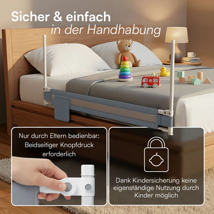 Bellabino 'Drina' Bettschutzgitter mit 2 Sicherheitsgurten, Rausfallschutz klappbar & höhenverstellbar, aus Oxford-Stoff & Metall, 200 cm, hellgrau – Bild 4