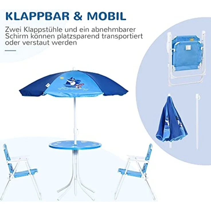 Outsunny Kindersitzgruppe, 4 teilige Kindersitzgarnitur mit Sonnenschirm, Kindertisch mit 2 Klappstühlen, Outdoor Picknicktisch für Kinder 3-6 Jahre, Gartenmöbel für Garten, Hinterhof, Terrasse, Blau – Bild 3