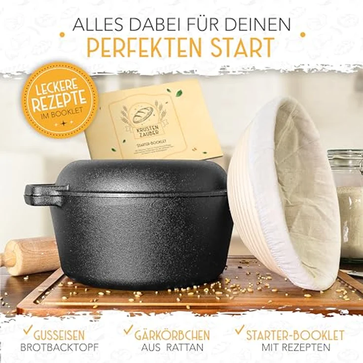 Krustenzauber Brotbackform 26cm Gusseisen Topf Brot Backen inkl. Gärkorb, (Robuster Brottopf mit Deckel - Idealer Brotbacktopf), Brotbackset Gusseisentopf Brotbacken, Brot Backen Zubehör, Brotform – Bild 4