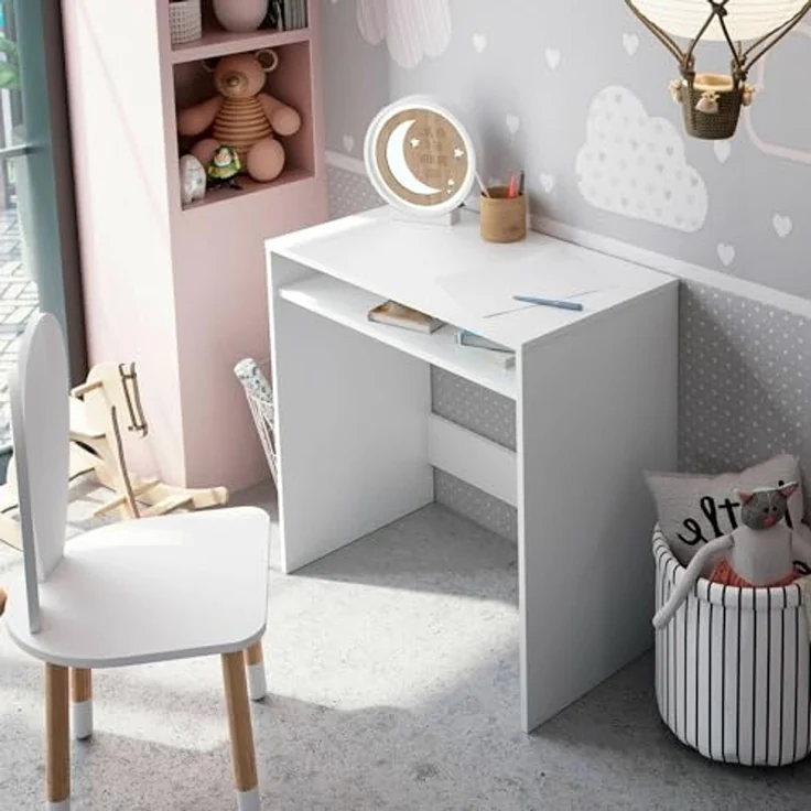 Dmora - Schreibtisch Portland, Linearer Schreibtisch mit festem Regal, Arbeits- oder Bürotisch für PC, 79x43x78 cm, Weiß – Bild 5