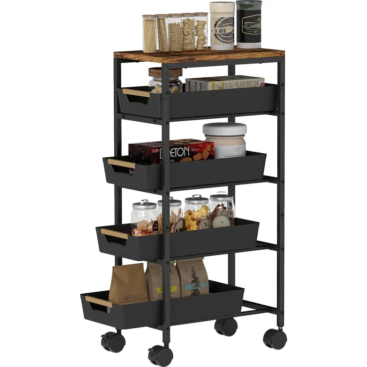 MELAYR, 5-stufiger Küchenwagen, Holzoptik, rollbar, Metallrahmen, 4 Schubladen, Schwarz, 39.5 x 24 x 82 cm – Bild 1