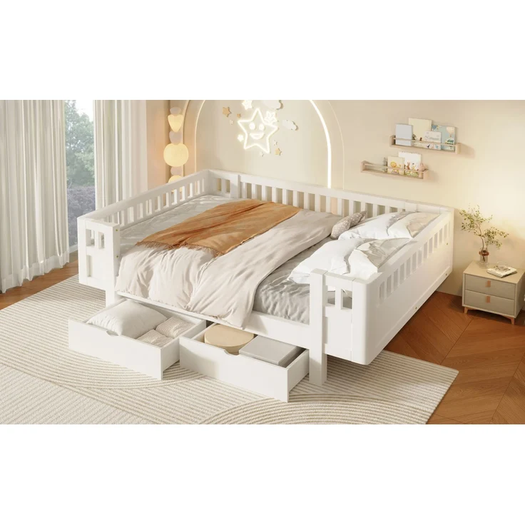 Merax Hochbett 140x200 Kinderbett, mit hohem Schutzgitter & zwei großen Schubladen, Weiß – Bild 6