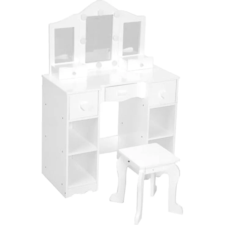 GarveeLife Schminktisch für Kinder, Schminktisch mit Hocker, 3 LED-Spiegel und 5 Schubladen, Schminktisch aus Holz für kleine Mädchen 3 bis 6 Jahre – 70 x 34 x 100 cm, Weiß – Bild 8