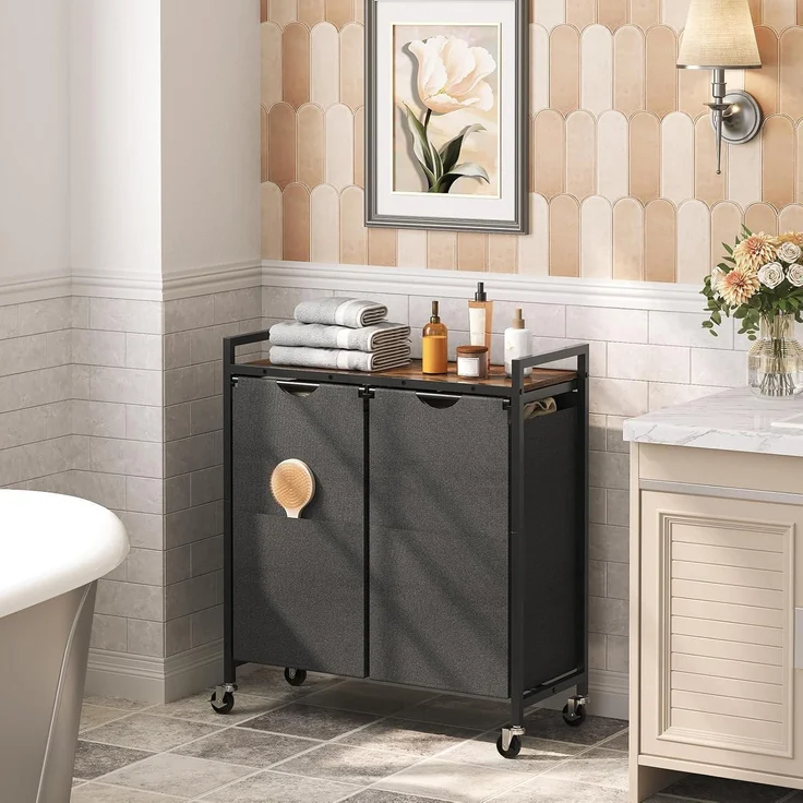 Wäschekorb mit Rollen und Ablage, 2 Fächer, 2 x 49,5 L, Oxford-Gewebe – Bild 2