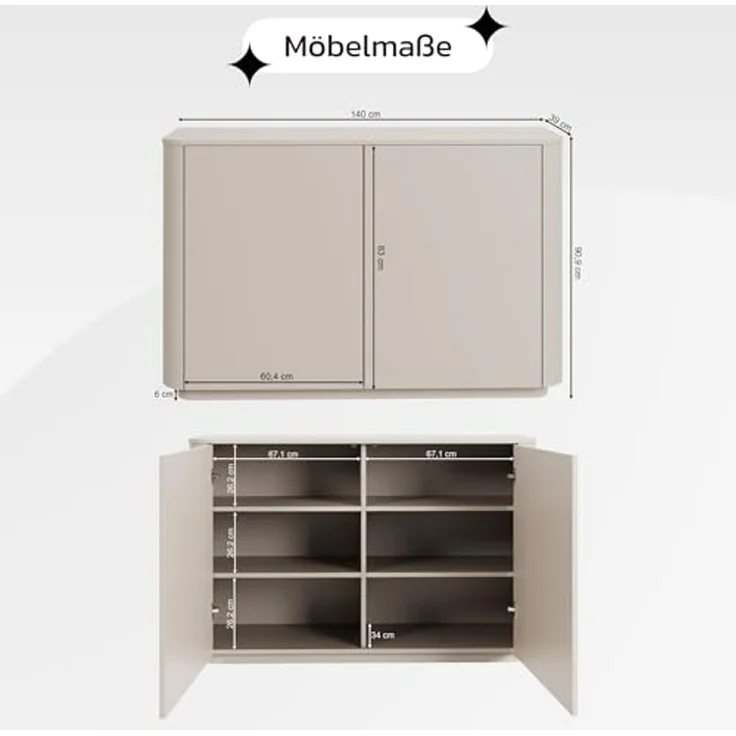 Selsey Kommode Mit Schubladen, 140 cm Breite, Zweitürige Kommode Kaschmirgrau, Minimalistisches Design, Kommoden & Sideboards, Kaschmirmatt, Robuste Spanplatte – Bild 3