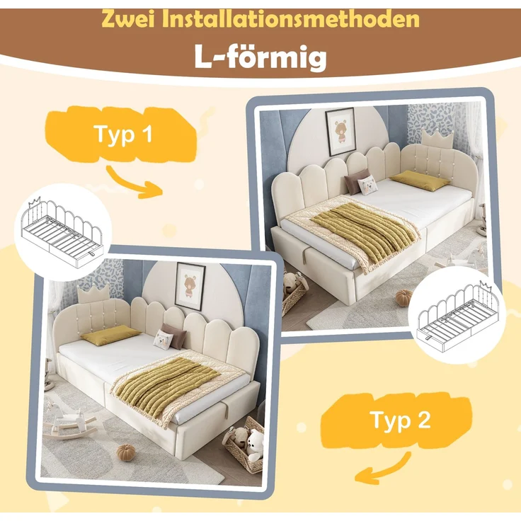 Merax Einzelbett 90x190 cm, Kinderbett, Polsterbett, Daybett, Tagesbett-Schlafsofa mit Stauraum (hydraulisch), Gästebett L-Form Samt, Beige – Bild 5