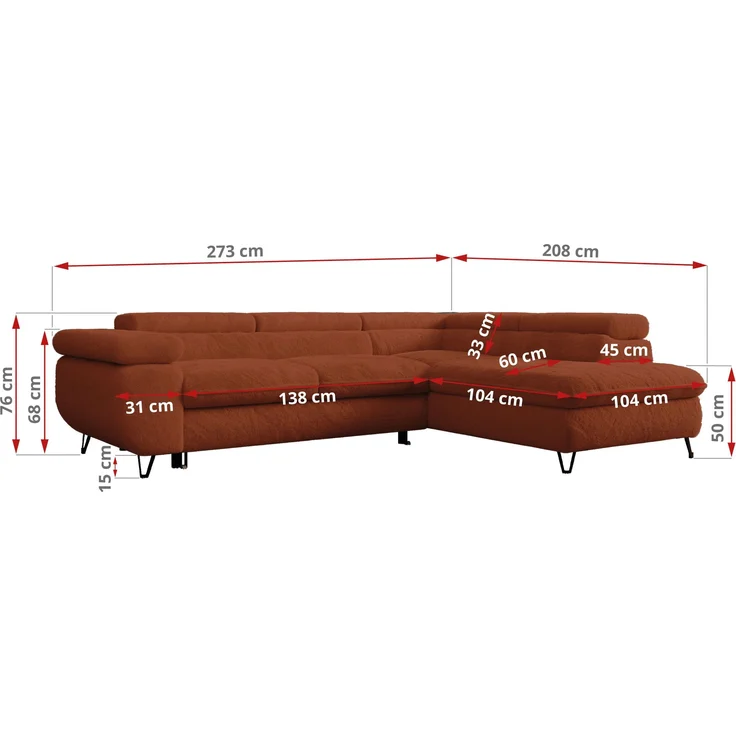 Ecksofa mit Bettfunktion, Modern Sofa, L-form, Einstellbare Kopfstützen, Bettkasten - PETER - Orange Plüsch - rechts – Bild 7