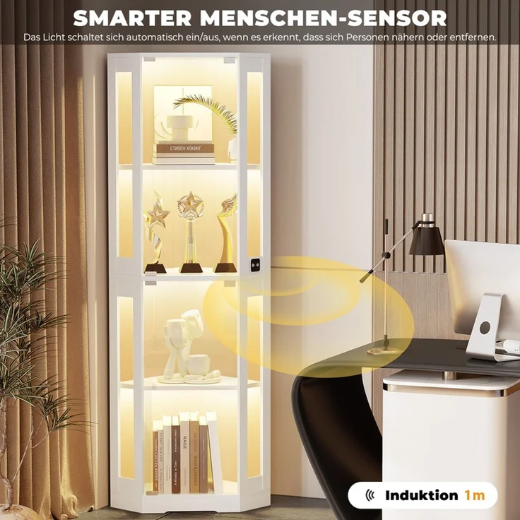 Eckvitrine 56x165x37 cm, 4-stöckiger Glasvitrinenschrank mit LED-Beleuchtung und Acryl-Seitentüren, Weiß – Bild 3