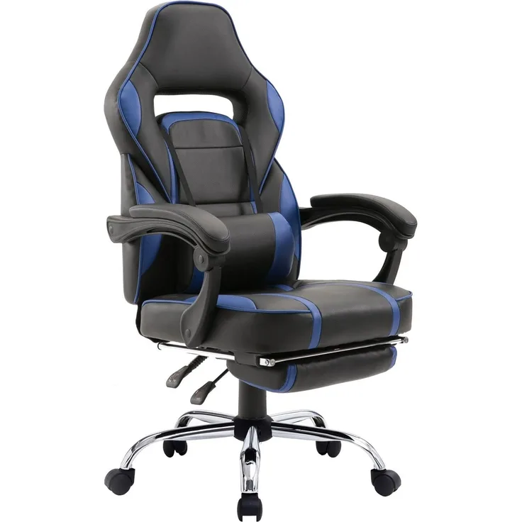 Happy Garden Gamer Sessel schwarz und blau LINK, Gaming Stuhl, ergonomischer Bürostuhl, Lendenwirbelstütze, Kopfstütze, drehbar, höhenverstellbar, neigbare Rückenlehne, teleskopische Fußstütze