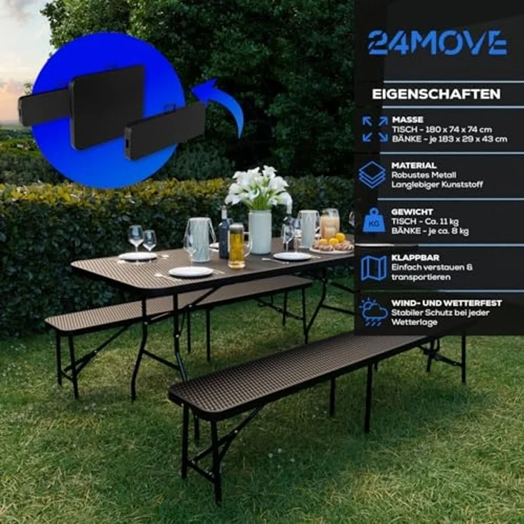 24Move Gartentisch Bierzeltgarnitur 3er-Set, Klappbarer Tisch und Bänken im Rattan-Optik (für innen & außen, belastbar bis 150 kg, 3-teilig, mit 2 Sitzbänken und 1 Tisch), Festzeltgarnitur, wetterfest und pflegeleicht – Bild 3
