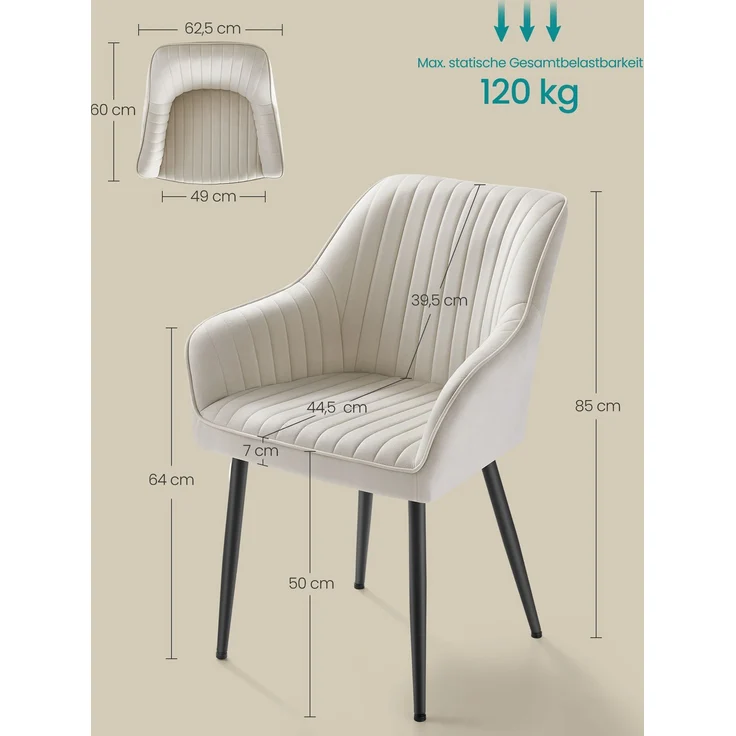 Songmics Esszimmerstuhl mit Armlehnen, 6er Set, Samt, 62,5 x 60 x 85 cm, Cappuccinobeige – Bild 5