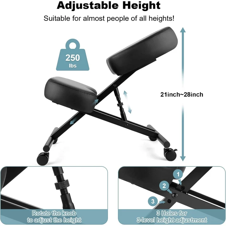 Kniestuhl Ergonomischer, Verstellbarer Kniehocker Stuhl für Büro, Metallgestell + Leder Bürostuhl Sitzhocker mit Knieablage, Rollen, 3" Kissen, Hocker zu Verbessert Haltung & Rückenschmerzen – Bild 4