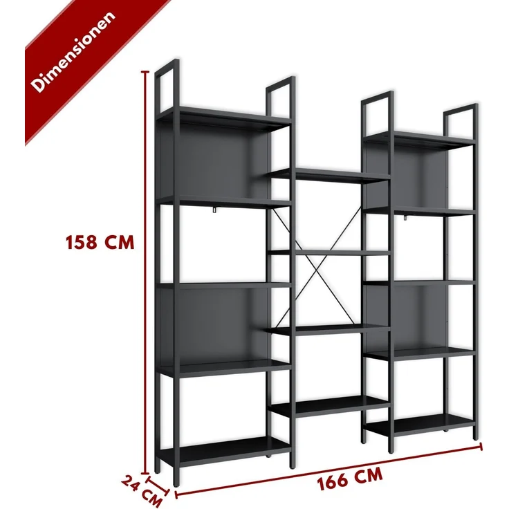 Coemo Regalwand Chicago aus Metall mit 9 Ebenen, 14 Ablageflächen Schwarz – Bild 4