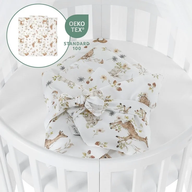 Waldin Oval Baby-Bett Mitwachsend Komplett Set 7in1, Gitterbett, Kinderbett mit Matratze, Wickelkommode, Beistellbett, Holz Weiß, Stoffe Weiß Tiere – Bild 3