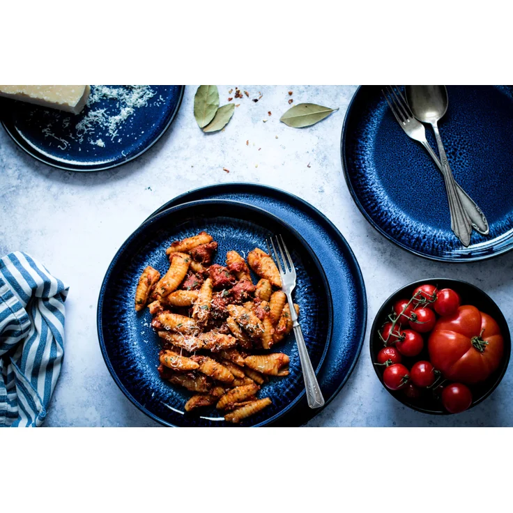 Modernes Suppenteller Set für 4 Personen in aufregendem Vintage Look, große tiefe Teller für Pasta und Suppen aus Keramik in Blau und Schwarz – Bild 3