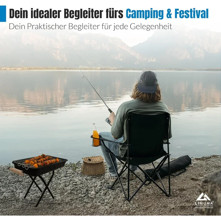 LINUMA® Faltstuhl GRAU Campingstuhl Anglerstuhl mit Getränkehalter & Tragetasche – Bild 6