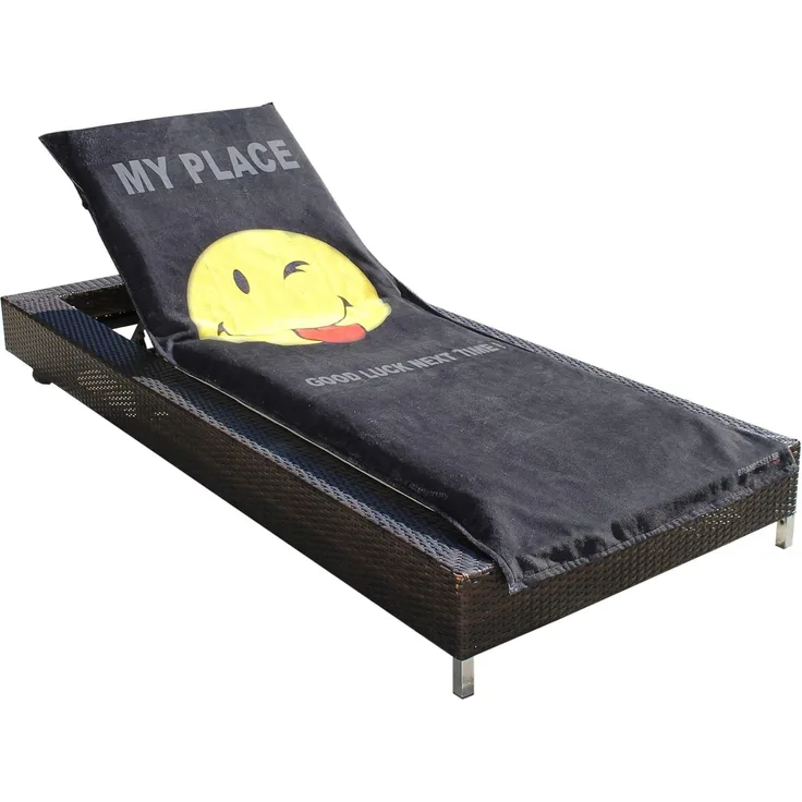 Brandsseller Schonbezug für Gartenliege, Strandliegenauflage, Frottee Schonbezug, 55% Baumwolle 45% Polyester - ca. 75x200 cm (Smiley Schwarz - Good Luck)