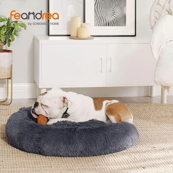 Feandrea Hundebett flauschig, Katzenbett, Donut Kissen, waschbar, Polsterung in der Mitte herausnehmbar, langer Plüsch, 80 cm Durchmesser, dunkelgrau – Bild 2
