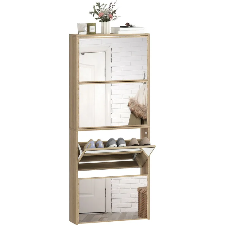 Spiegel-Schuhschrank mit 4 Türen, kippsicher, aus Holz, 63 x 17 x 146 cm, Farbe: Holz