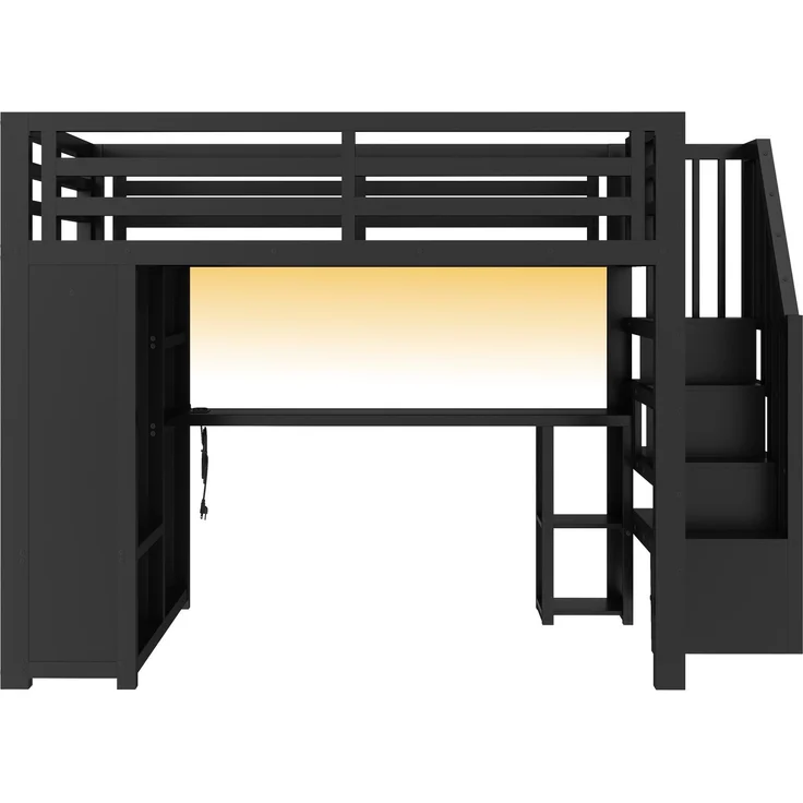 140x200 cm großes Gaming-Hochbett aus Metall mit LED-Beleuchtung, USB, Schreibtisch, offenem Kleiderschrank, Treppe und Staufächern, Schwarz – Bild 6