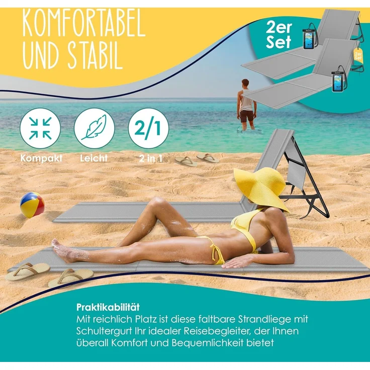 KESSER® Strandmatte klappbar mit verstellbarer Rückenlehne, Strandliege faltbar mit Tragegurt, wasserdichter Handyhülle & Aufbewahrungstasche, Sonnenliege für Strand Garten Terrasse, Liegematte 130Kg Grau, 2er Set / 50W – Bild 3