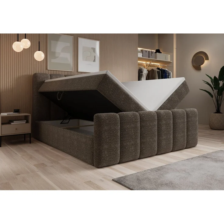 thematys Boxbett mit Bettkasten 180x200cm, mit Bonnellfederkernmatratze H3, Bouclé/Velours, mit Stauraum, mit 3 cm Topper, Taupe (Fredo 05) – Bild 4